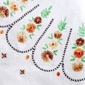 VTG Hand Embroidered Linen Tablecloth 32 x33 Square Creamy White Yellow Black